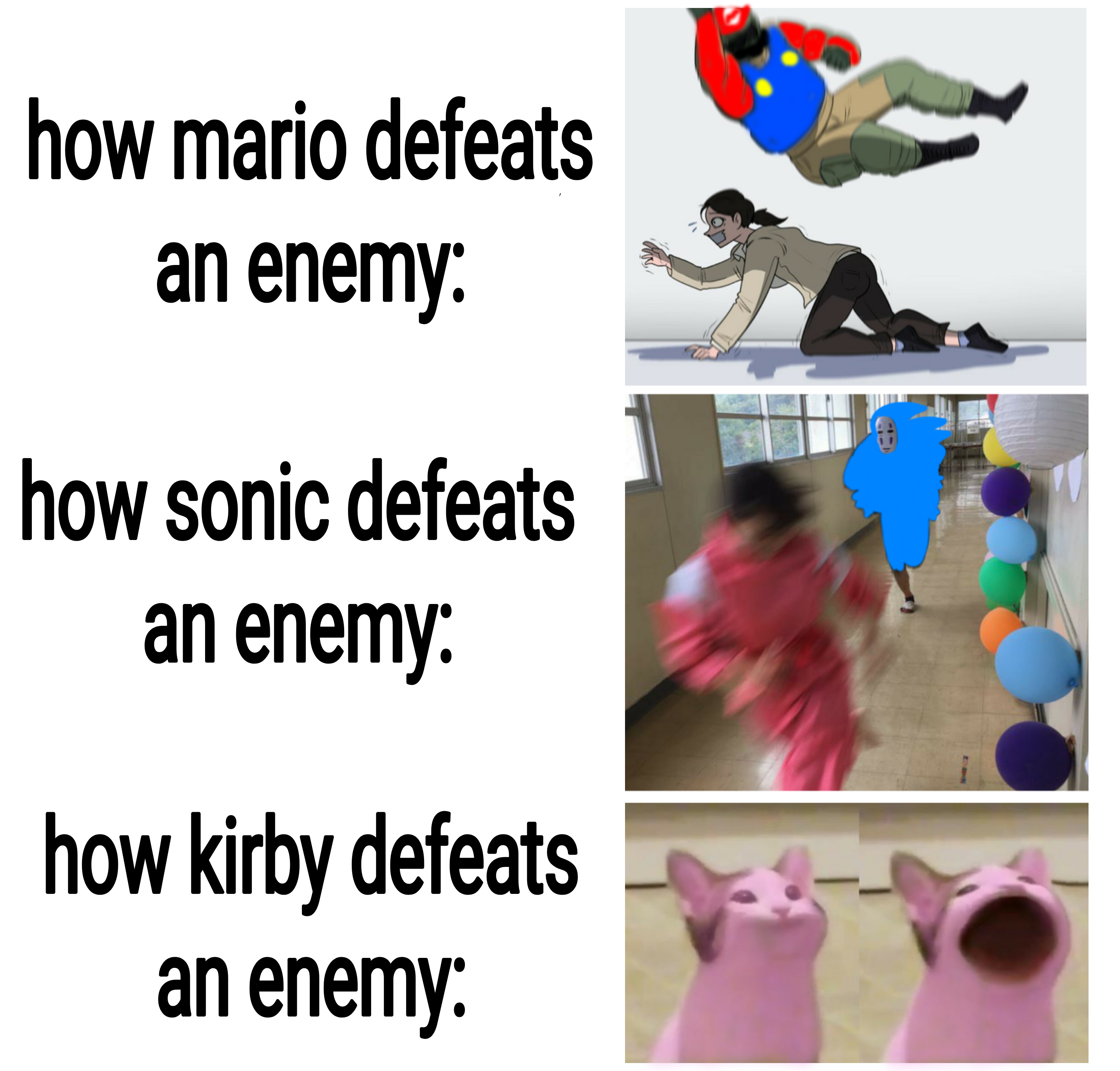 Internet meme - how mario defeats an enemy how sonic defeats an enemy how kirby defeats an enemy