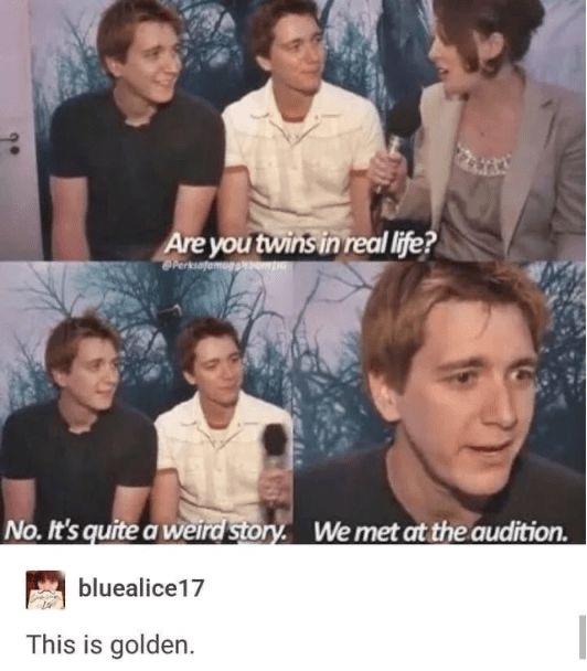 harry potter twins meme - Are you twins in real life? Perkajamo No. It's quite a weird story. We met at the audition. bluealice 17 This is golden.