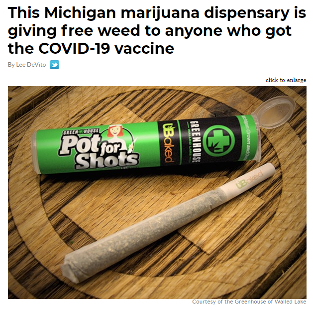 This Michigan marijuana dispensary is giving free weed to anyone who got the Covid19 vaccine By Lee DeVito click to enlarge Trellellis Pot for Shots Le Courtesy of the Greenhouse of Walled Lake