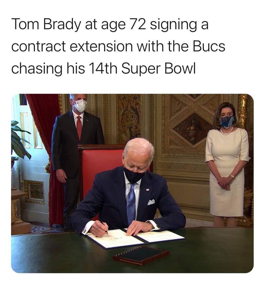 presentation - Tom Brady at age 72 signing a contract extension with the Bucs chasing his 14th Super Bowl Eft