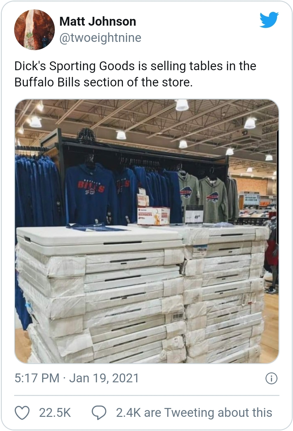 wood - Matt Johnson Dick's Sporting Goods is selling tables in the Buffalo Bills section of the store. are Tweeting about this