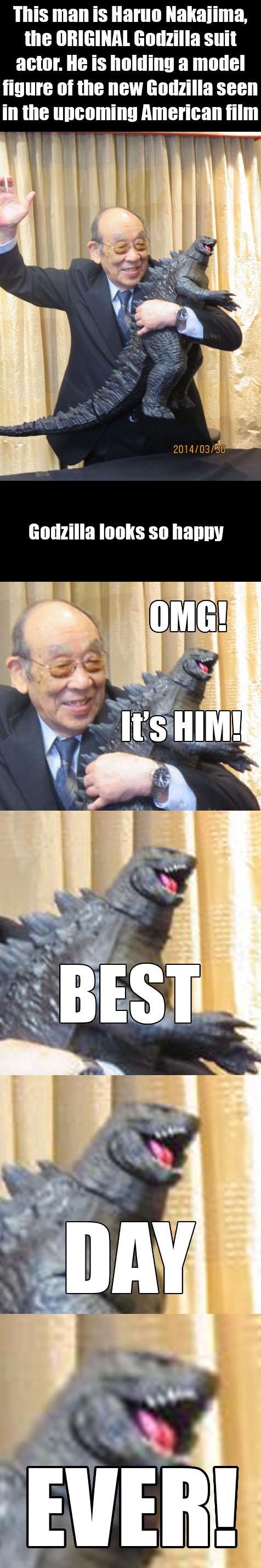haruo nakajima meme - This man is Haruo Nakajima, the Original Godzilla suit actor. He is holding a model figure of the new Godzilla seen in the upcoming American film Godzilla looks so happy Omg! It's Him! Best Day Ever!