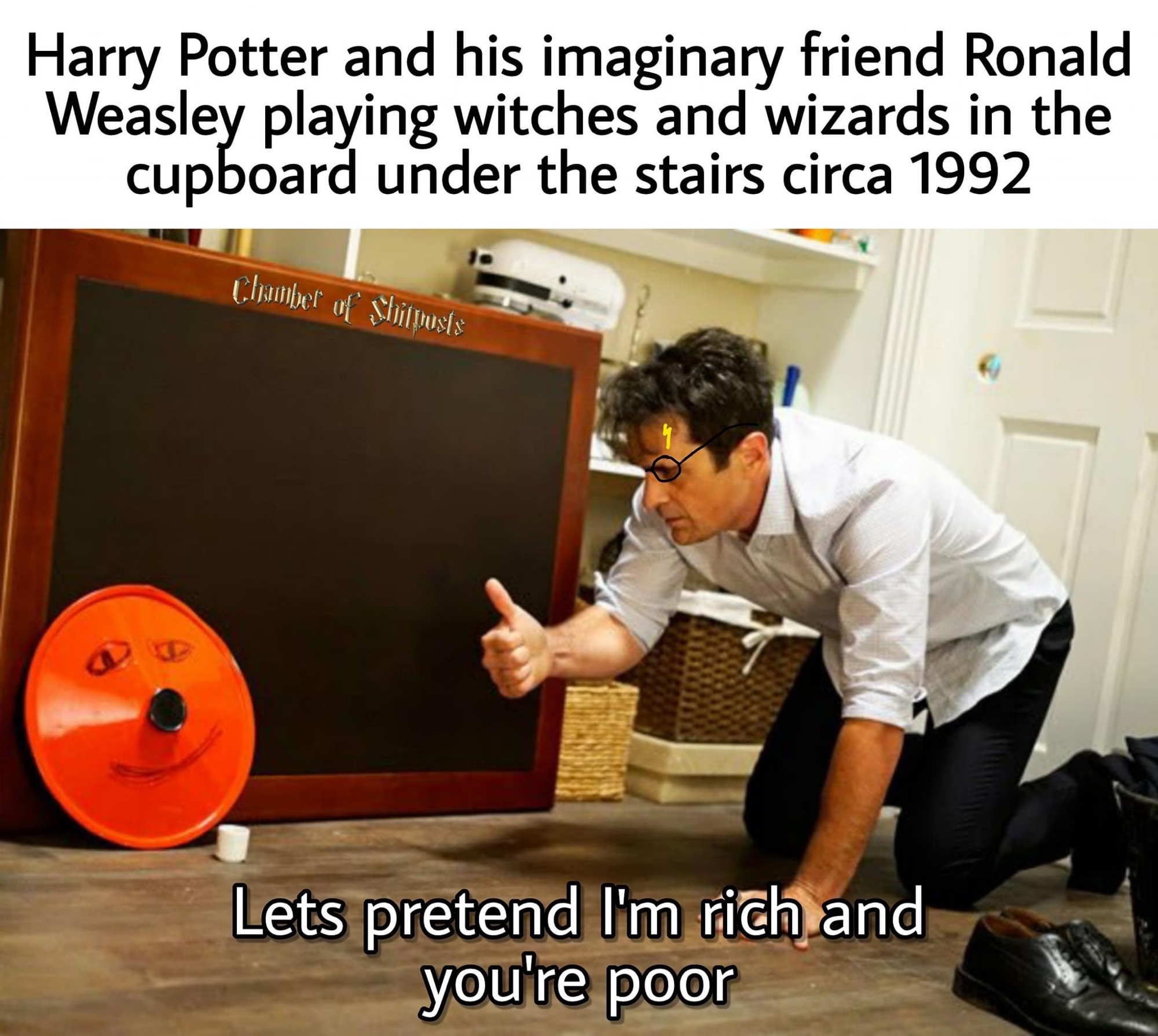 table - Harry Potter and his imaginary friend Ronald Weasley playing witches and wizards in the cupboard under the stairs circa 1992 Lets pretend I'm rich and you're poor