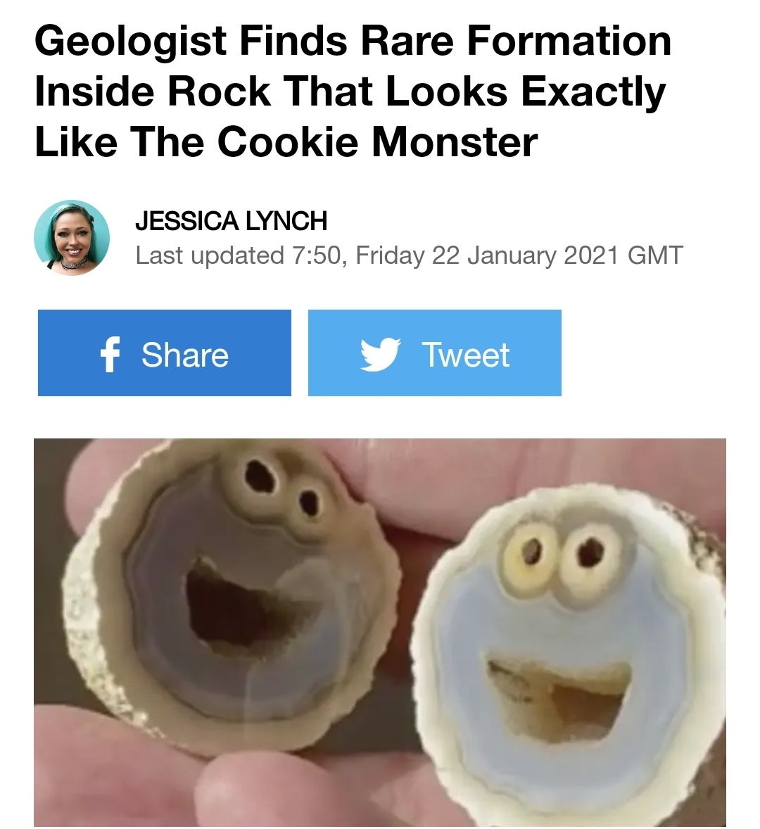 smile - Geologist Finds Rare Formation Inside Rock That Looks Exactly The Cookie Monster Jessica Lynch Last updated , Friday Gmt f Tweet
