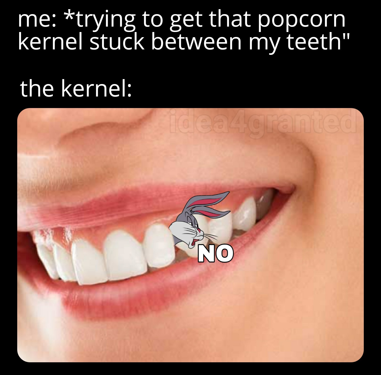 me trying to get that popcorn kernel stuck between my teeth" the kernel idea 4 granted No