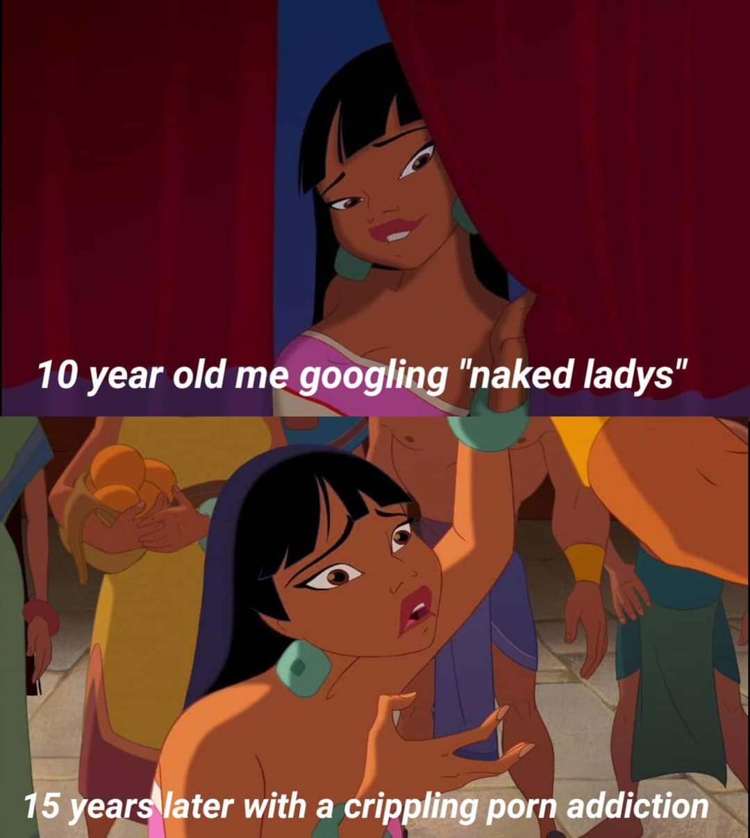 cartoon - 10 year old me googling "naked ladys" 15 years later with a crippling porn addiction