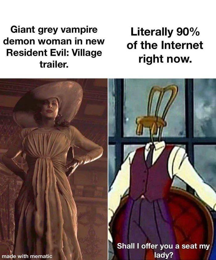 chairface chippendale - Giant grey vampire demon woman in new Resident Evil Village trailer. Literally 90% of the Internet right now. Shall I offer you a seat my lady? made with mematic