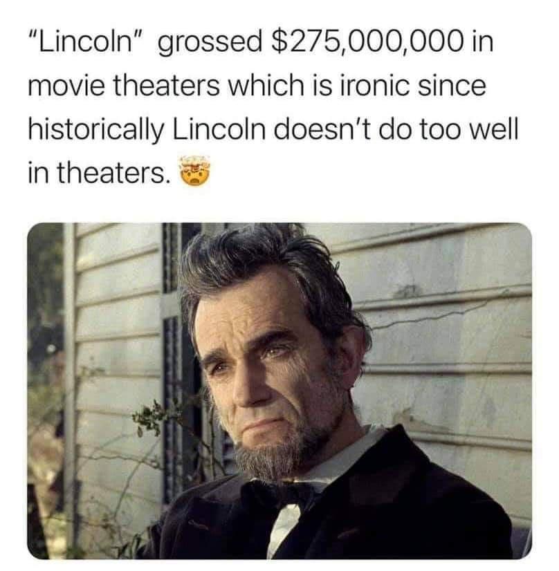daniel day lewis abe lincoln - "Lincoln grossed $275,000,000 in movie theaters which is ironic since historically Lincoln doesn't do too well in theaters.