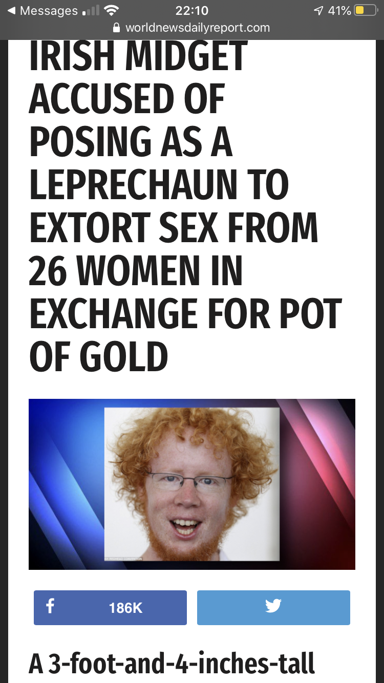 human behavior - Messages 41% woricinewsdailyreport.com Irish Midget Accused Of Posing As A Leprechaun To Extort Sex From 26 Women In Exchange For Pot Of Gold f A 3footand4inchestall