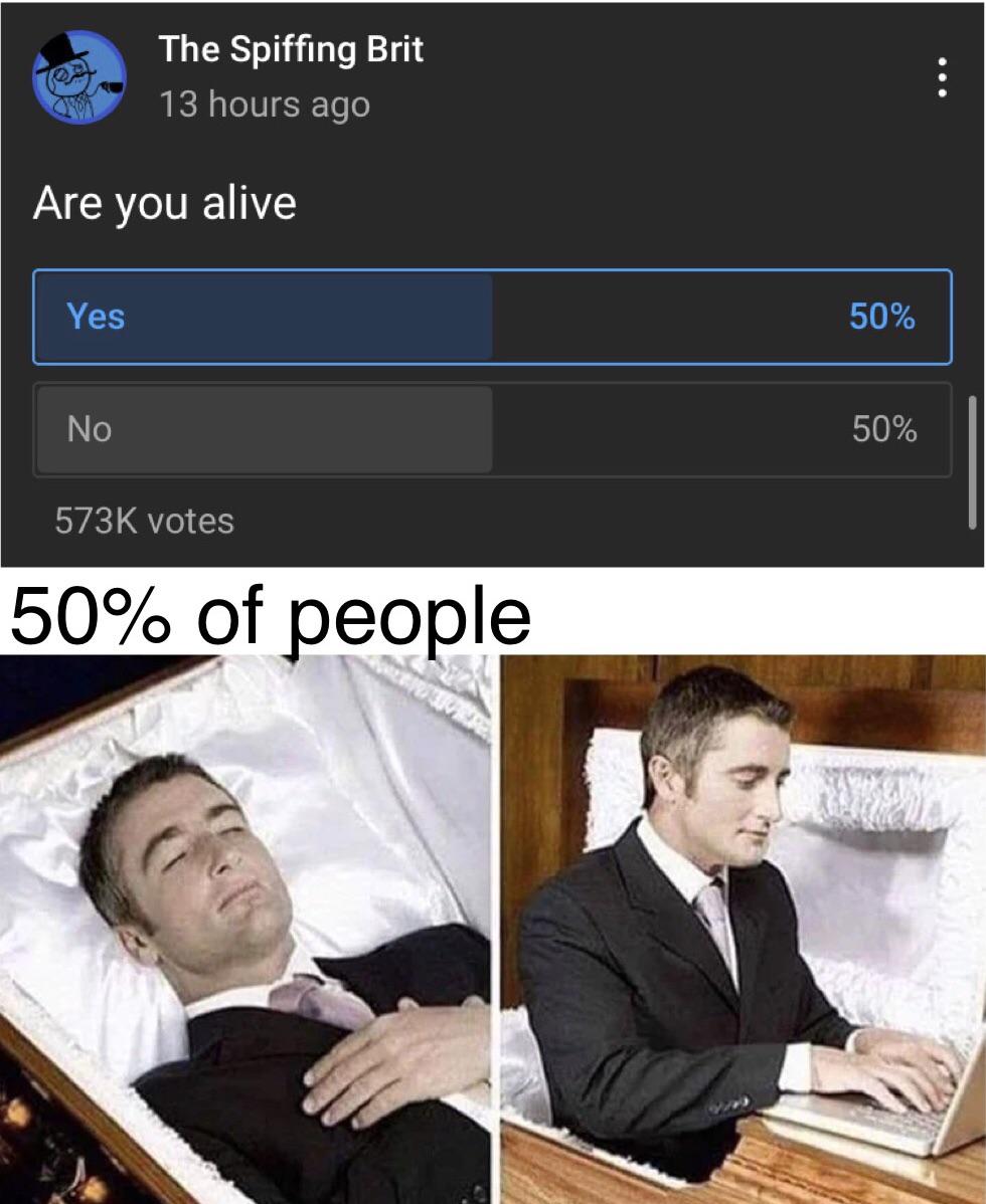 you died meme - The Spiffing Brit 13 hours ago Are you alive Yes 50% No 50% votes 50% of people