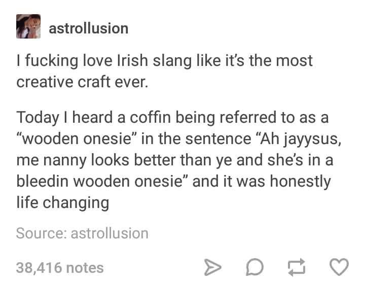 wooden onesie - astrollusion I fucking love Irish slang it's the most creative craft ever. Today I heard a coffin being referred to as a "wooden onesie in the sentence Ah jayysus, me nanny looks better than ye and she's in a bleedin wooden onesie and it w