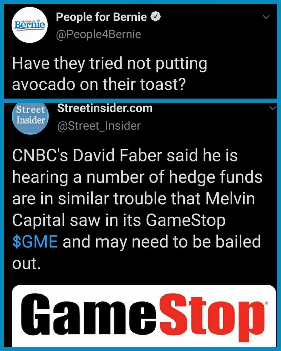 screenshot - Telefon Bernie People for Bernie Have they tried not putting avocado on their toast? Street Streetinsider.com Insider Cnbc's David Faber said he is hearing a number of hedge funds are in similar trouble that Melvin Capital saw in its GameStop