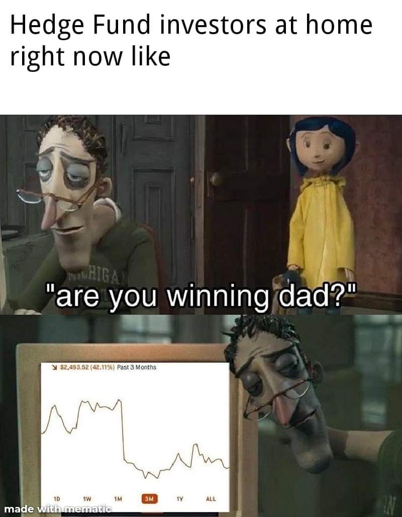 you winning dad infp - Hedge Fund investors at home right now Twhiga "are you winning dad?" Y $2,493.52 42.11% Past 3 Months wy 1D 1M 3M 1Y All 1W made with mematic