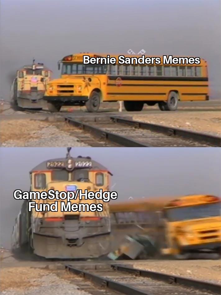 school bus and train meme - Bernie Sanders Memes GameStopHedge Fund Memes