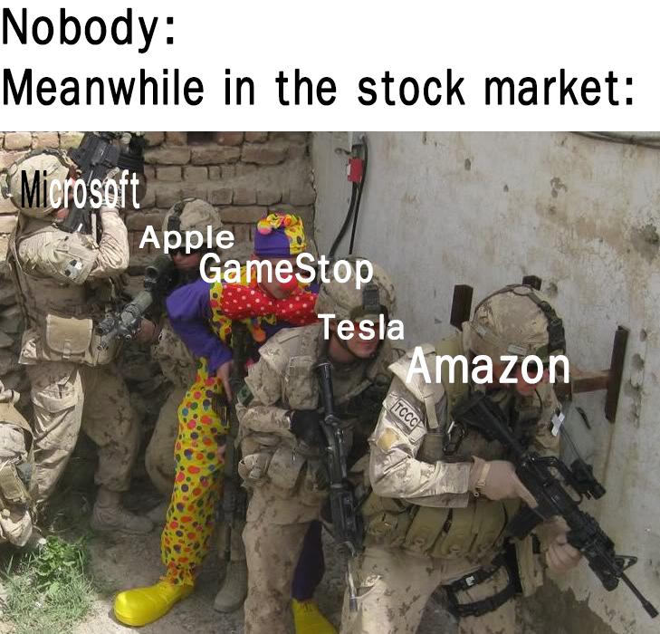 javascript clown meme - Nobody Meanwhile in the stock market Microsoft Apple GameStop Tesla Amazon Tccc