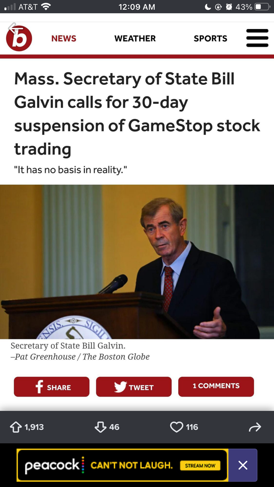 conversation - At&T @ 43% News Weather Sports Iii Mass. Secretary of State Bill Galvin calls for 30day suspension of GameStop stock trading "It has no basis in reality." Ns Secretary of State Bill Galvin Pat Greenhouse The Boston Globe f Tweet 1 1913 116 