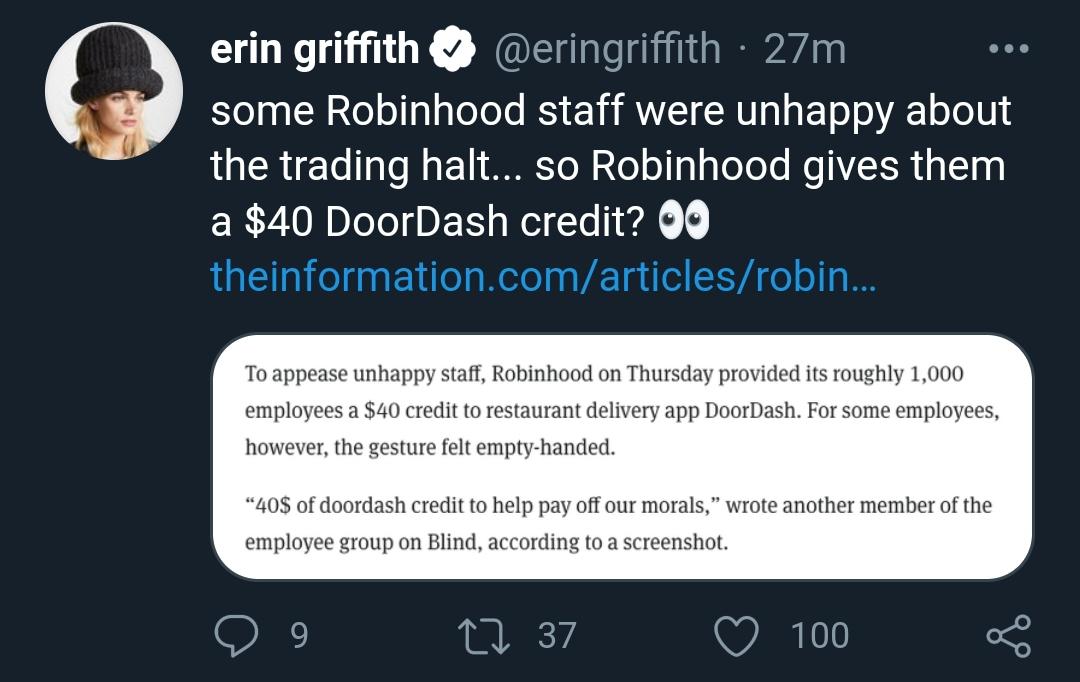 funny memes and pics - media - @ @ erin griffith 27m some Robinhood staff were unhappy about the trading halt... so Robinhood gives them a $40 DoorDash credit? O theinformation.comarticlesrobin... To appease unhappy staff, Robinhood on Thursday provided i