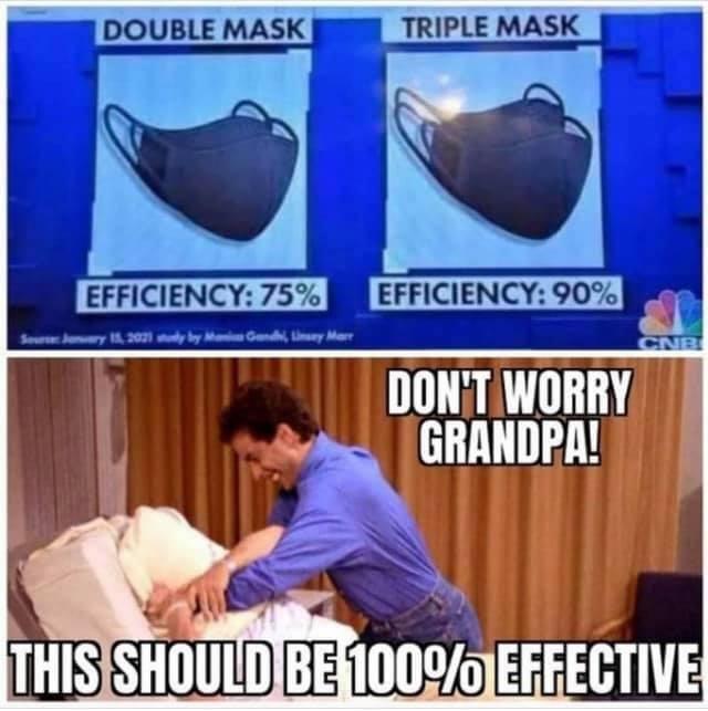 photo caption - Double Mask Triple Mask Efficiency 75% Efficiency 90% Sorry,2071 by Monday More Cnr Don'T Worry Grandpa! This Should Be 100% Effective