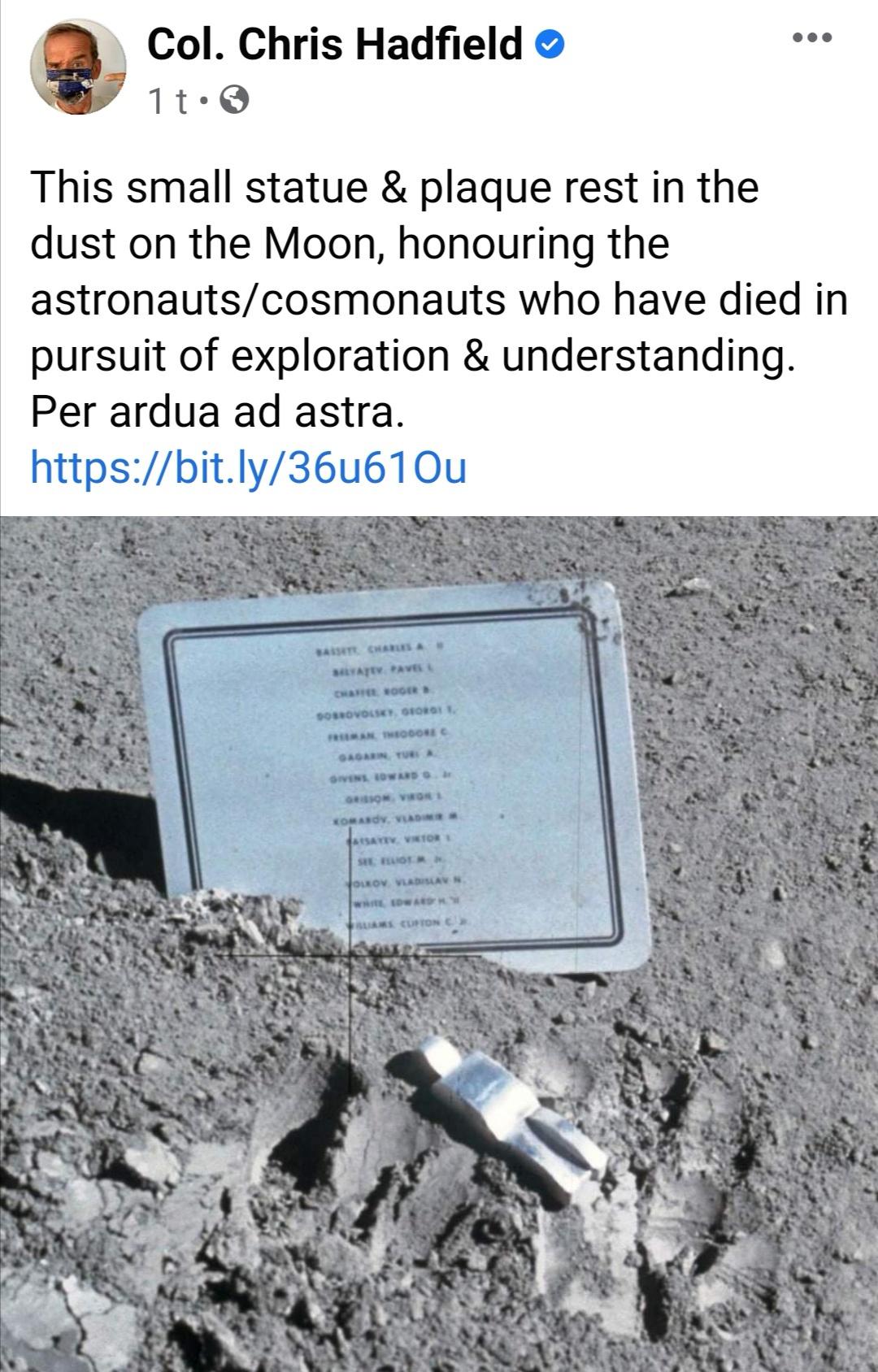 fallen astronaut - Col. Chris Hadfield 1t. This small statue & plaque rest in the dust on the Moon, honouring the astronautscosmonauts who have died in pursuit of exploration & understanding. Per ardua ad astra. Achar A Ave Coder Sosovo, Sro Teodos Abant 