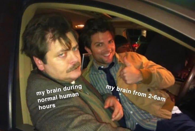 ron swanson and ben wyatt - my brain from 26am my brain during normal human hours