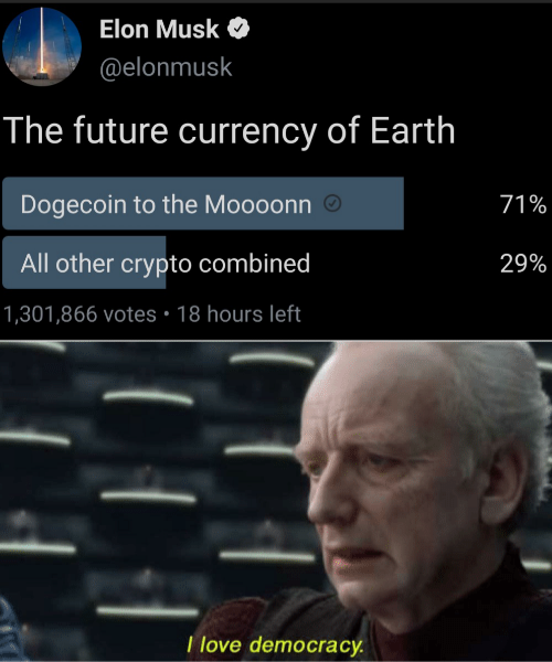 powerbi meme - Elon Musk The future currency of Earth 71% Dogecoin to the Moooonn All other crypto combined 1,301,866 votes 29% I love democracy.