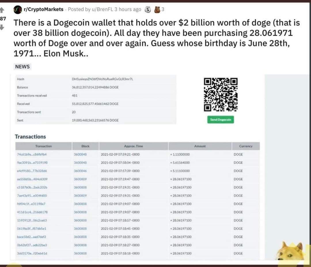 software - rCryptoMarketsPosted by uBrenFL 3 hours ago 87 There is a Dogecoin wallet that holds over $2 billion worth of doge that is over 38 billion dogecoin. All day they have been purchasing 28.061971 worth of Doge over and over again. Guess whose birt