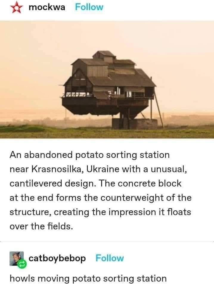 old floating house - mockwa An abandoned potato sorting station near Krasnosilka, Ukraine with a unusual, cantilevered design. The concrete block at the end forms the counterweight of the structure, creating the impression it floats over the fields. catbo