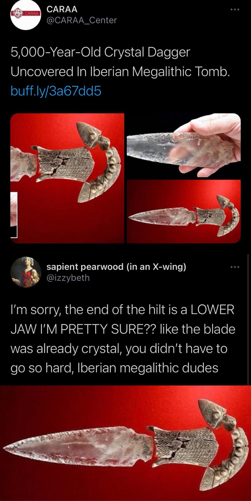 funny memes and pics - poster - Caraa Caraa 5,000YearOld Crystal Dagger Uncovered In Iberian Megalithic Tomb. buff.ly3a67dd5 sapient pearwood in an Xwing I'm sorry, the end of the hilt is a Lower Jaw I'M Pretty Sure?? the blade was already crystal, you di