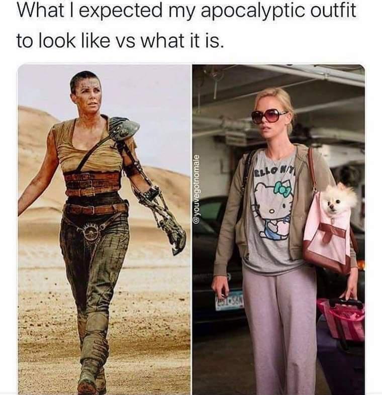 funny memes and pics - apocalypse outfit meme - What I expected my apocalyptic outfit to look vs what it is. Ellow 010360