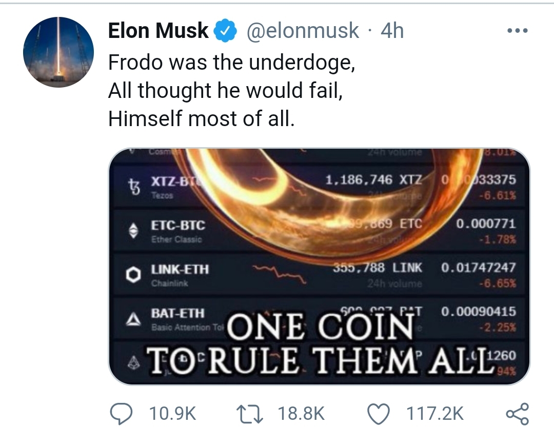 funny memes and pics - multimedia - .. Elon Musk 4h Frodo was the underdoge, All thought he would fail, Himself most of all. zen volume tz XtzBt 1,186,746 Xtz 033375 Tezos 6.61% 39,869 Etc 0.000771 1.78% EtcBtc Ether Classic LinkEth Chainlink 355,788 Link