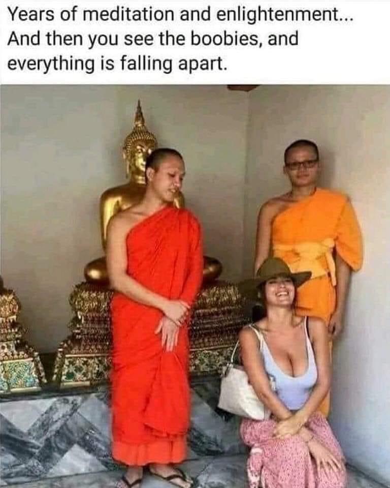 funny memes and pics - years of meditation wasted - Years of meditation and enlightenment... And then you see the boobies, and everything is falling apart.