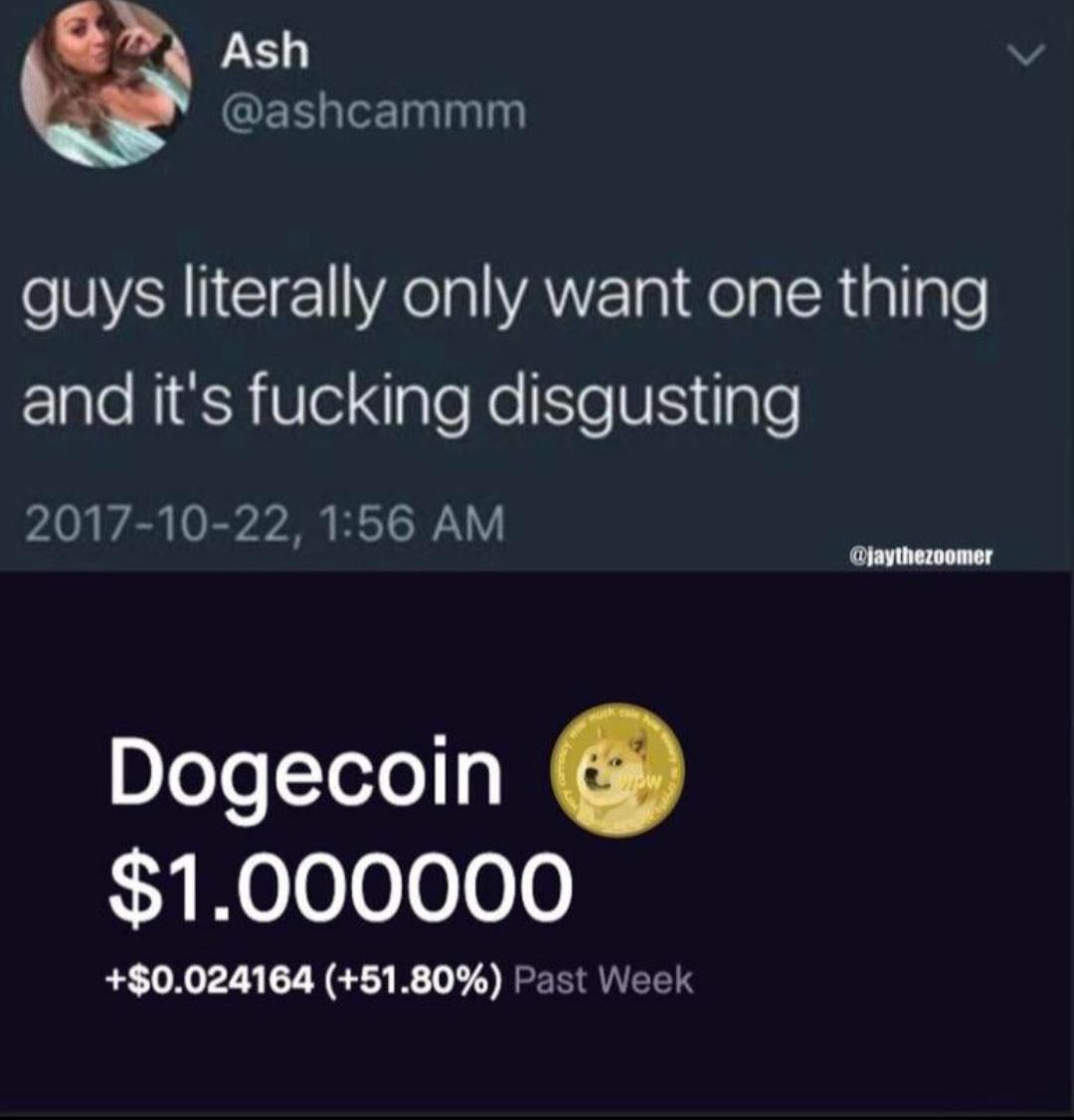 funny pictures - atmosphere - Ash guys literally only want one thing and it's fucking disgusting , Dogecoin $1.000000 $0.024164 51.80% Past Week