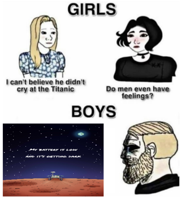 funny pictures - girl vs boy meme - Girls I can't believe he didn't cry at the Titanic Do men even have feelings? Boys My Battery Is Lac Mp It Gettine Dark