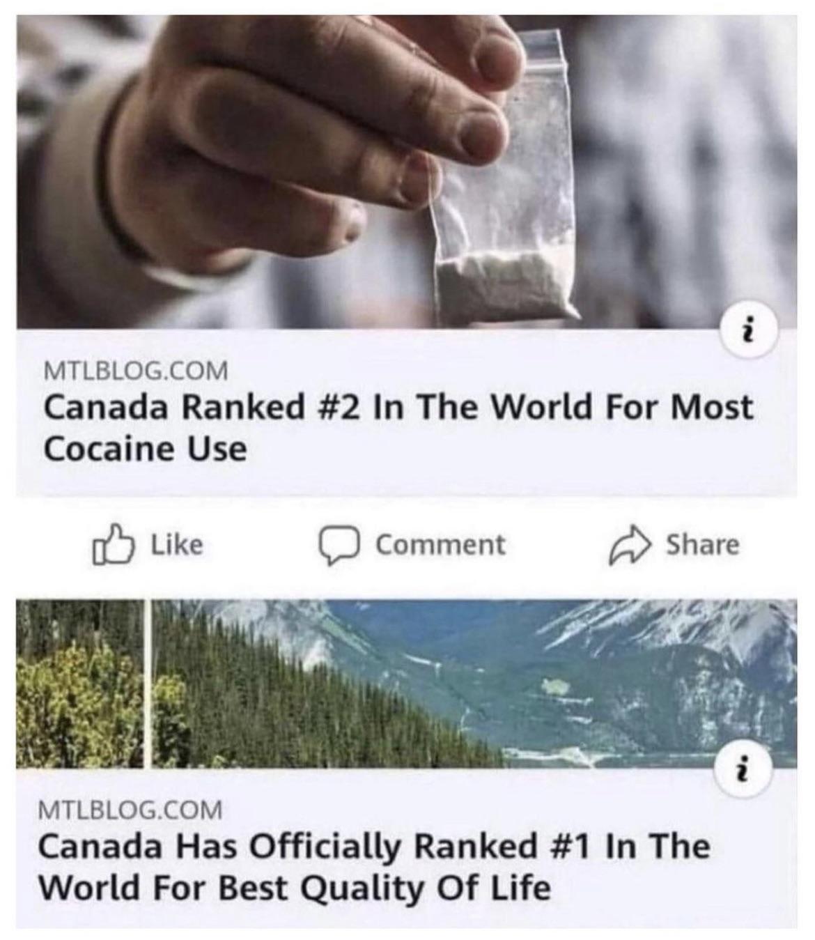 funny pictures - canada ranked #1 for quality of life meme - In i Mtlblog.Com Canada Ranked In The World For Most Cocaine Use Comment i Mtlblog.Com Canada Has Officially Ranked In The World For Best Quality Of Life