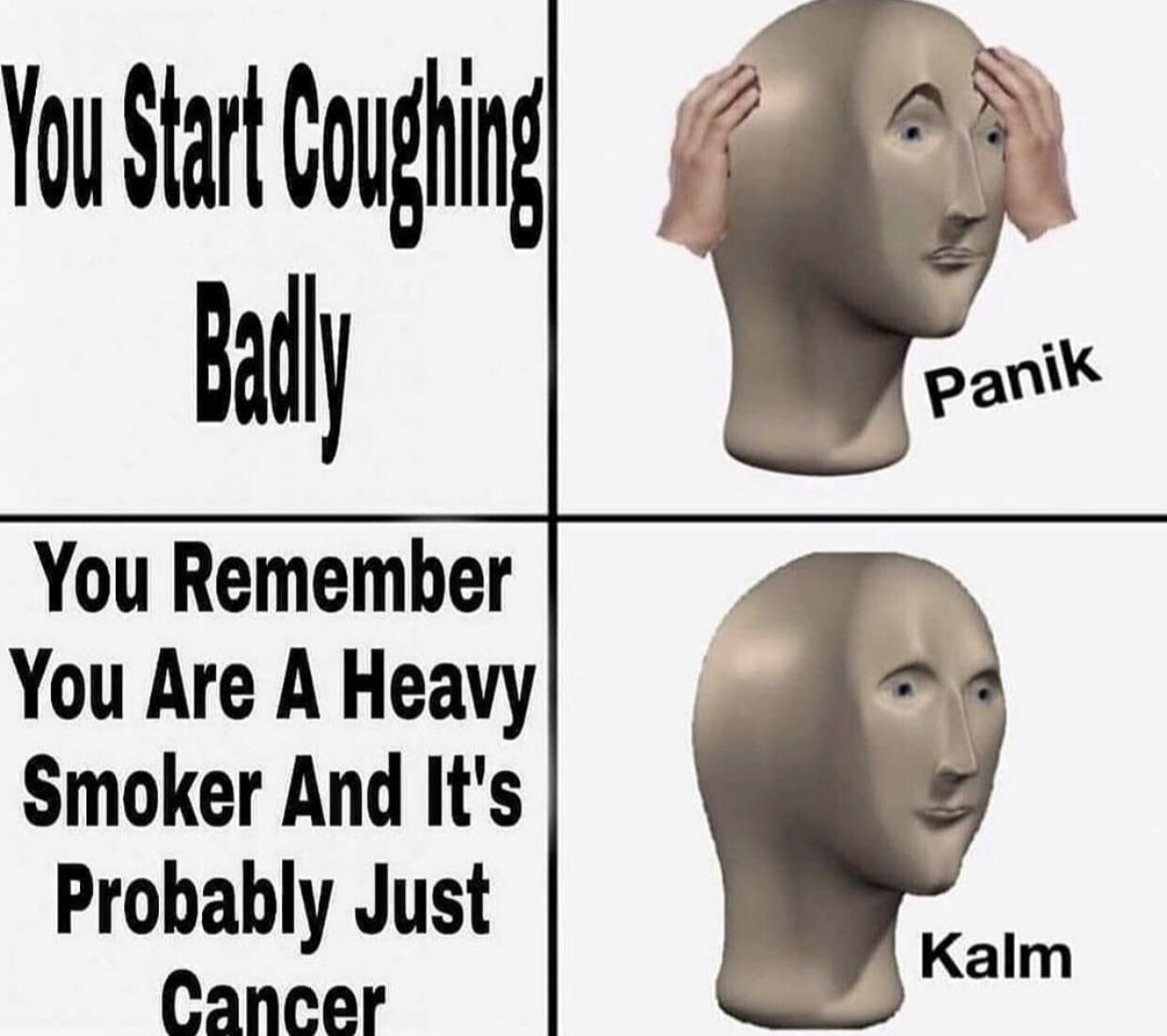 funny memes - jaw - You Start Coughing Badly Panik You Remember You Are A Heavy Smoker And It's Probably Just Cancer Kalm