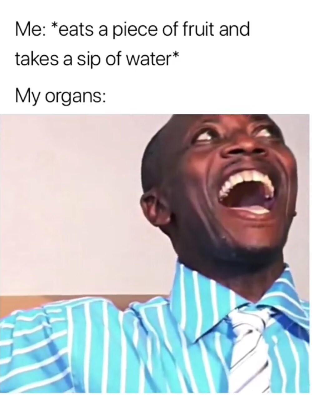 funny memes - super duper funny memes - Me eats a piece of fruit and takes a sip of water My organs