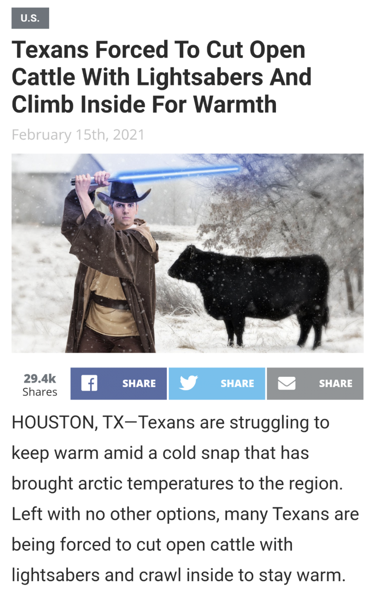 cattle - U.S. Texans Forced To Cut Open Cattle With Lightsabers And Climb Inside For Warmth February 15th, 2021 Houston, TxTexans are struggling to keep warm amid a cold snap that has brought arctic temperatures to the region. Left with no other options, 