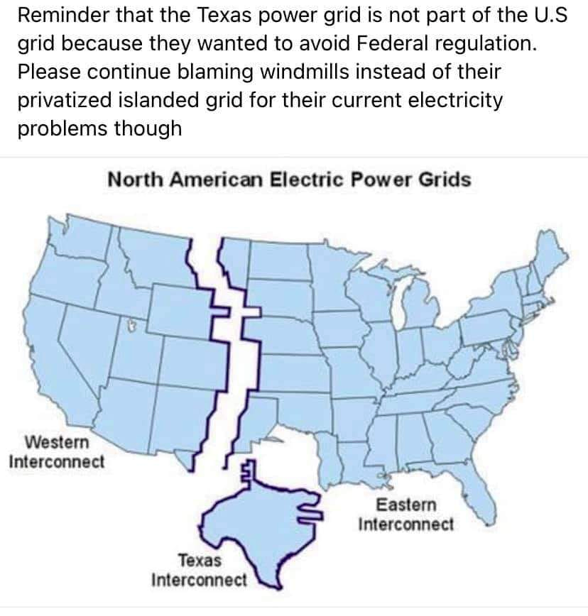 map - Reminder that the Texas power grid is not part of the U.S grid because they wanted to avoid Federal regulation. Please continue blaming windmills instead of their privatized islanded grid for their current electricity problems though North American…