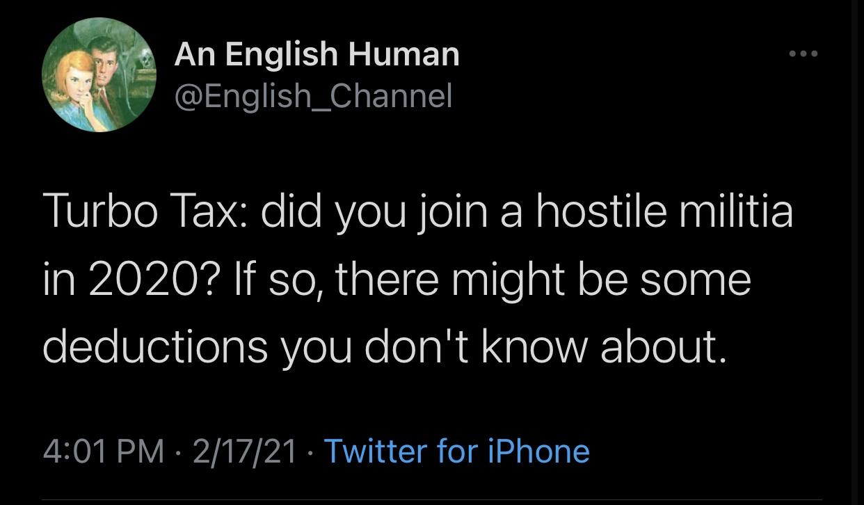 atmosphere - An English Human Turbo Tax did you join a hostile militia in 2020? If so, there might be some deductions you don't know about. 21721 Twitter for iPhone