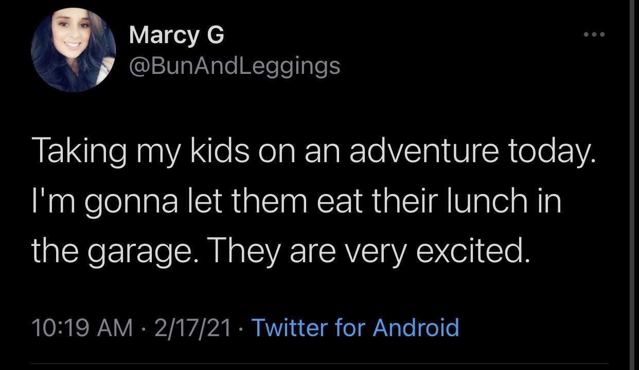 Marcy G Taking my kids on an adventure today. I'm gonna let them eat their lunch in the garage. They are very excited. 21721 Twitter for Android