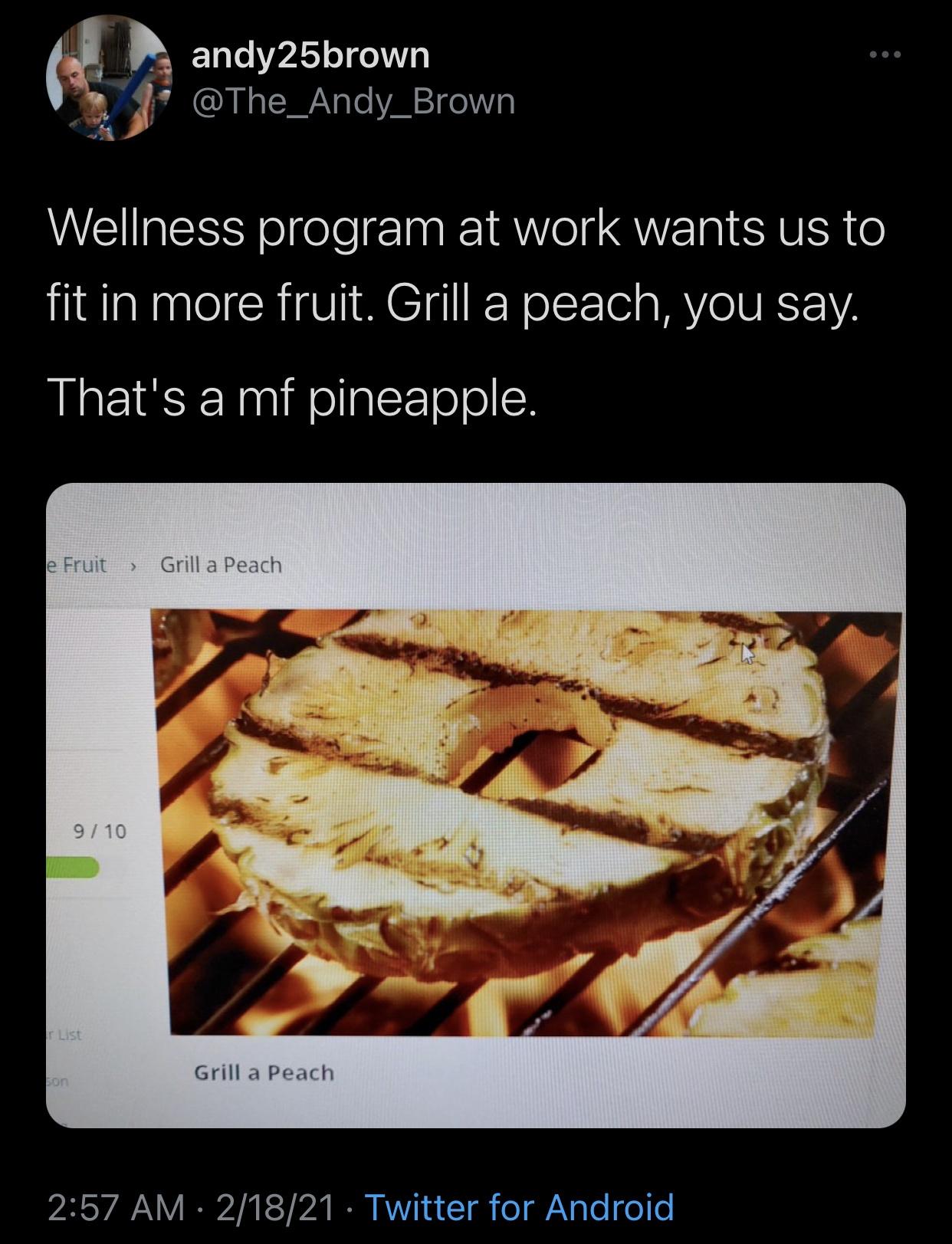 junk food - andy25brown Wellness program at work wants us to fit in more fruit. Grill a peach, you say. That's a mf pineapple. e Fruit > Grill a Peach 910 List Grill a Peach son 21821 Twitter for Android