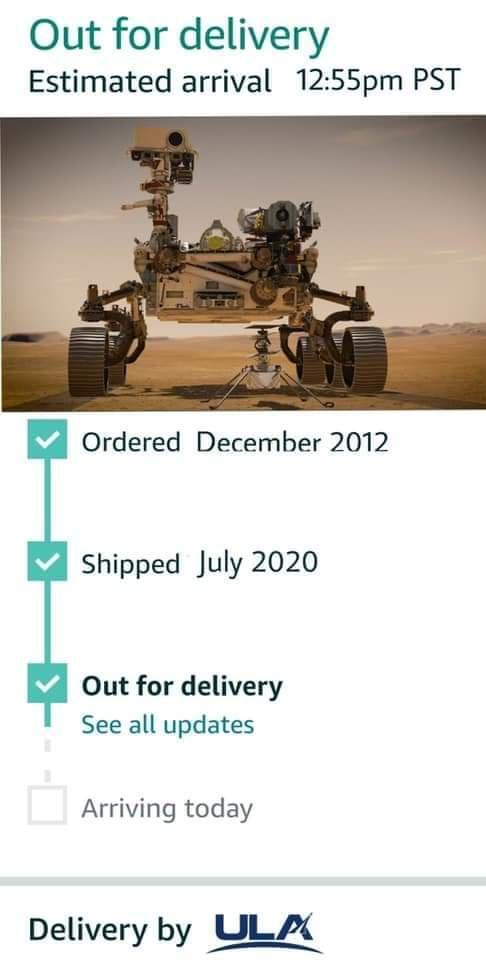 perseverance mars - Out for delivery Estimated arrival pm Pst Ordered Shipped Out for delivery See all updates Arriving today Delivery by Ula