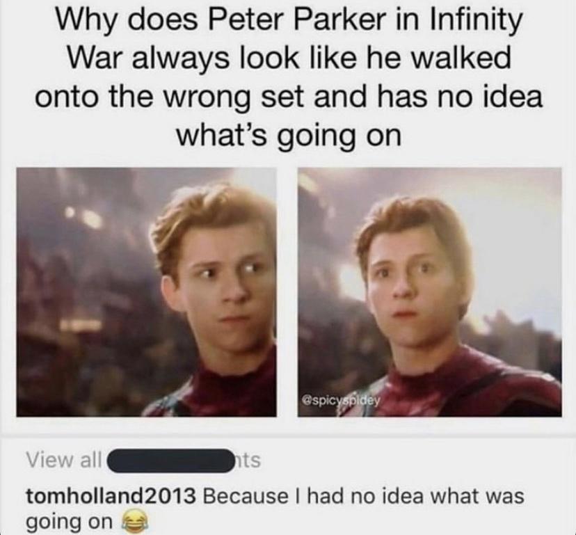 tom holland memes - Why does Peter Parker in Infinity War always look he walked onto the wrong set and has no idea what's going on nts View all tomholland 2013 Because I had no idea what was going on