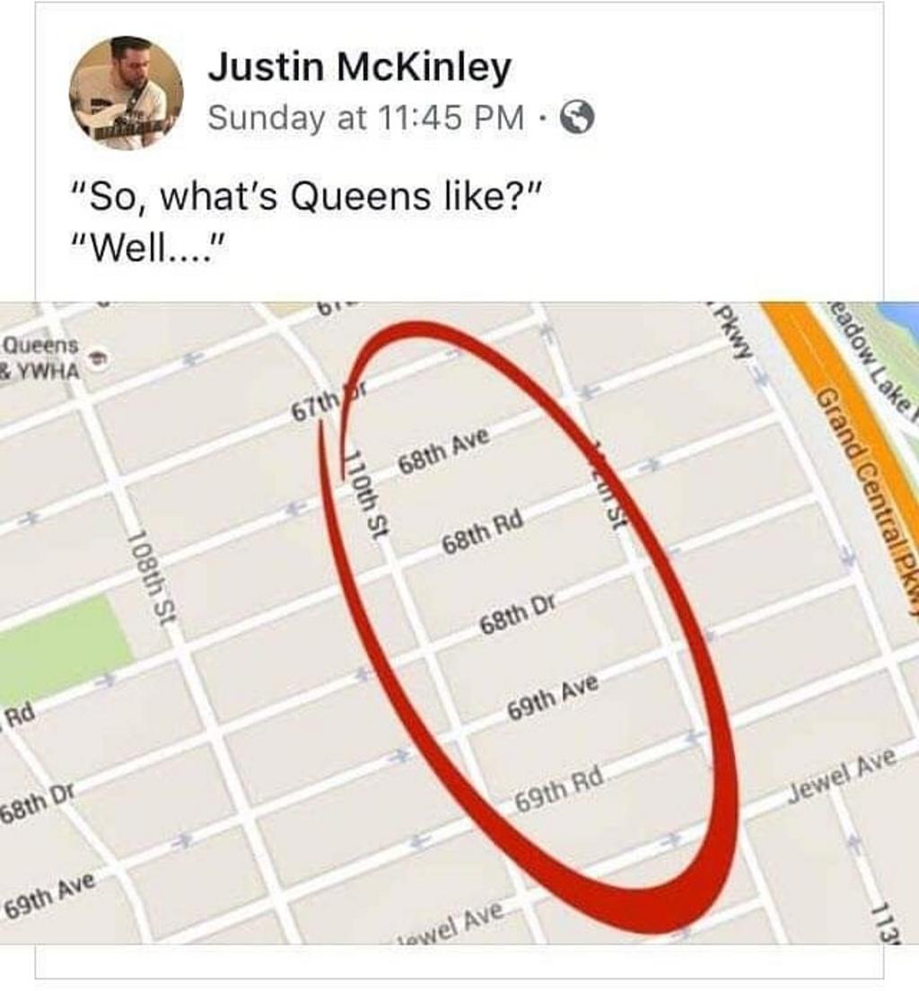 diagram - Justin McKinley Sunday at "So, what's Queens ?" "Well...." Queens &Ywha Pkwy leadow Lake 67th pr 68th Ave 10th St Is In Grand Central P 68th Rd 108th St 68th Dr Rd 69th Ave 68th Dr 69th Rd Jewel Ave 69th Ave 113 tewel Ave