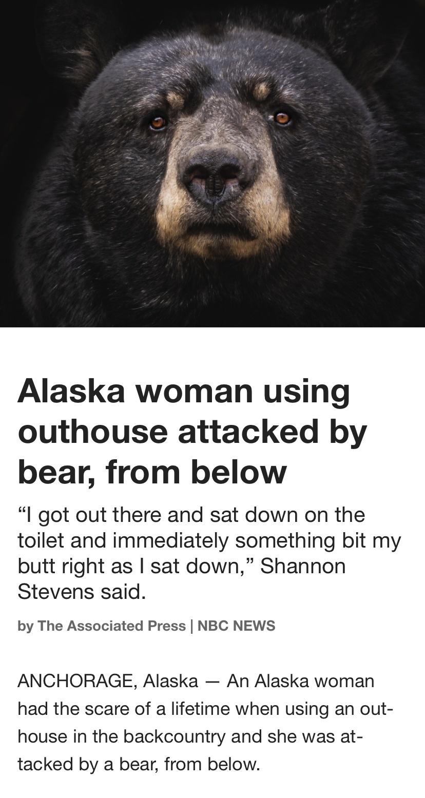 fauna - Alaska woman using outhouse attacked by bear, from below "I got out there and sat down on the toilet and immediately something bit my butt right as I sat down," Shannon Stevens said. by The Associated Press Nbc News Anchorage, Alaska An Alaska wom