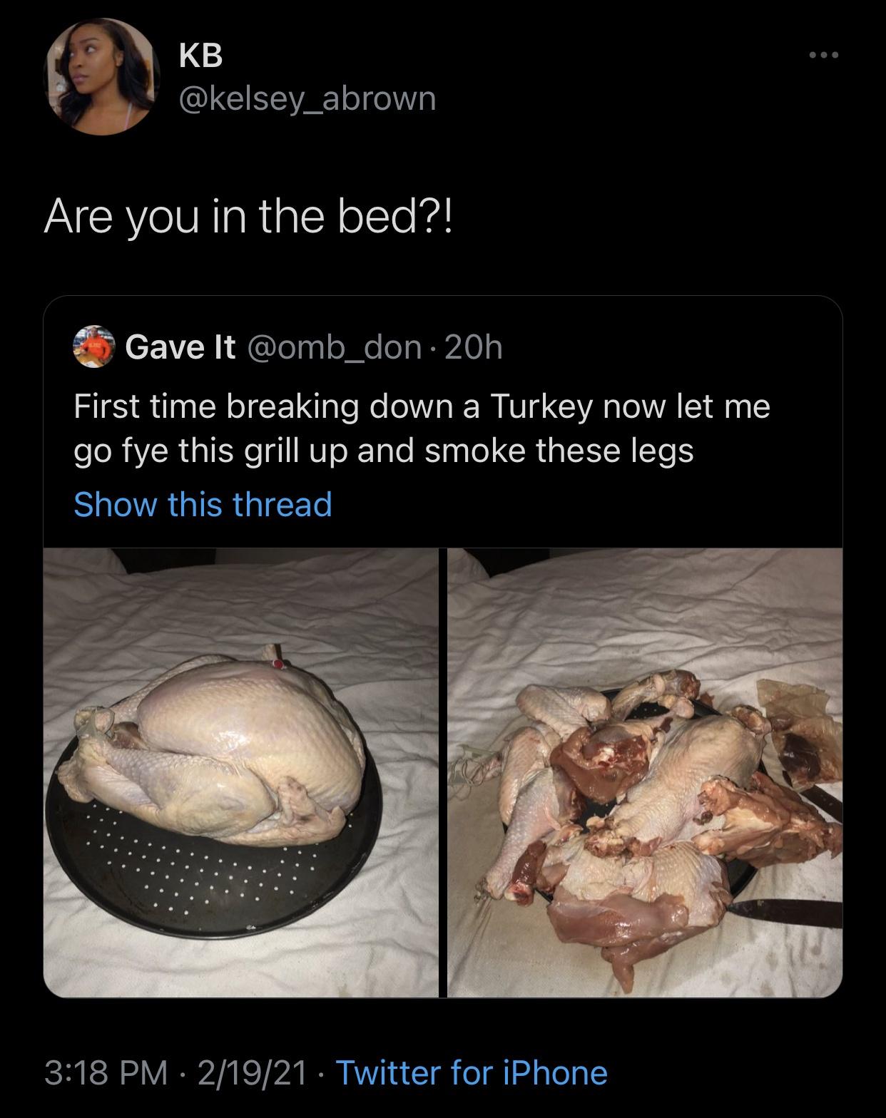human - Kb Are you in the bed?! Gave It 20h First time breaking down a Turkey now let me go fye this grill up and smoke these legs Show this thread 21921 Twitter for iPhone