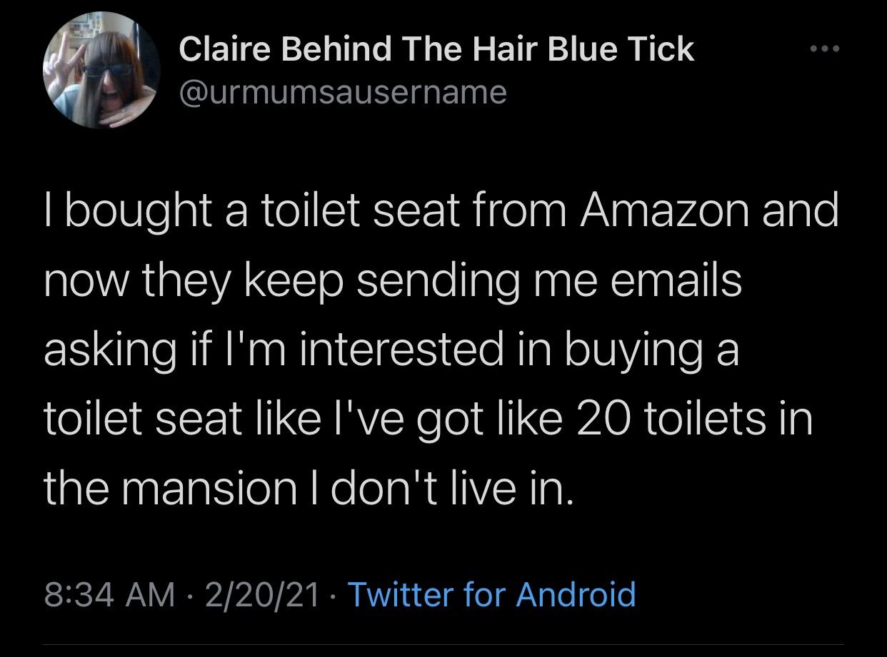 brienne housecoat tweet - Claire Behind The Hair Blue Tick I bought a toilet seat from Amazon and now they keep sending me emails asking if I'm interested in buying a toilet seat I've got 20 toilets in the mansion I don't live in. 22021 Twitter for Androi
