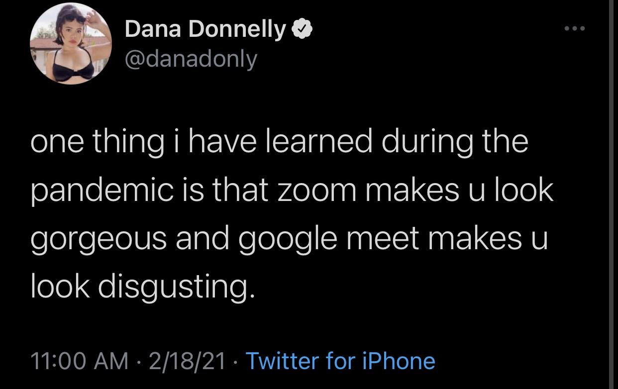 e Dana Donnelly one thing i have learned during the pandemic is that zoom makes u look gorgeous and google meet makes u look disgusting. 21821 Twitter for iPhone