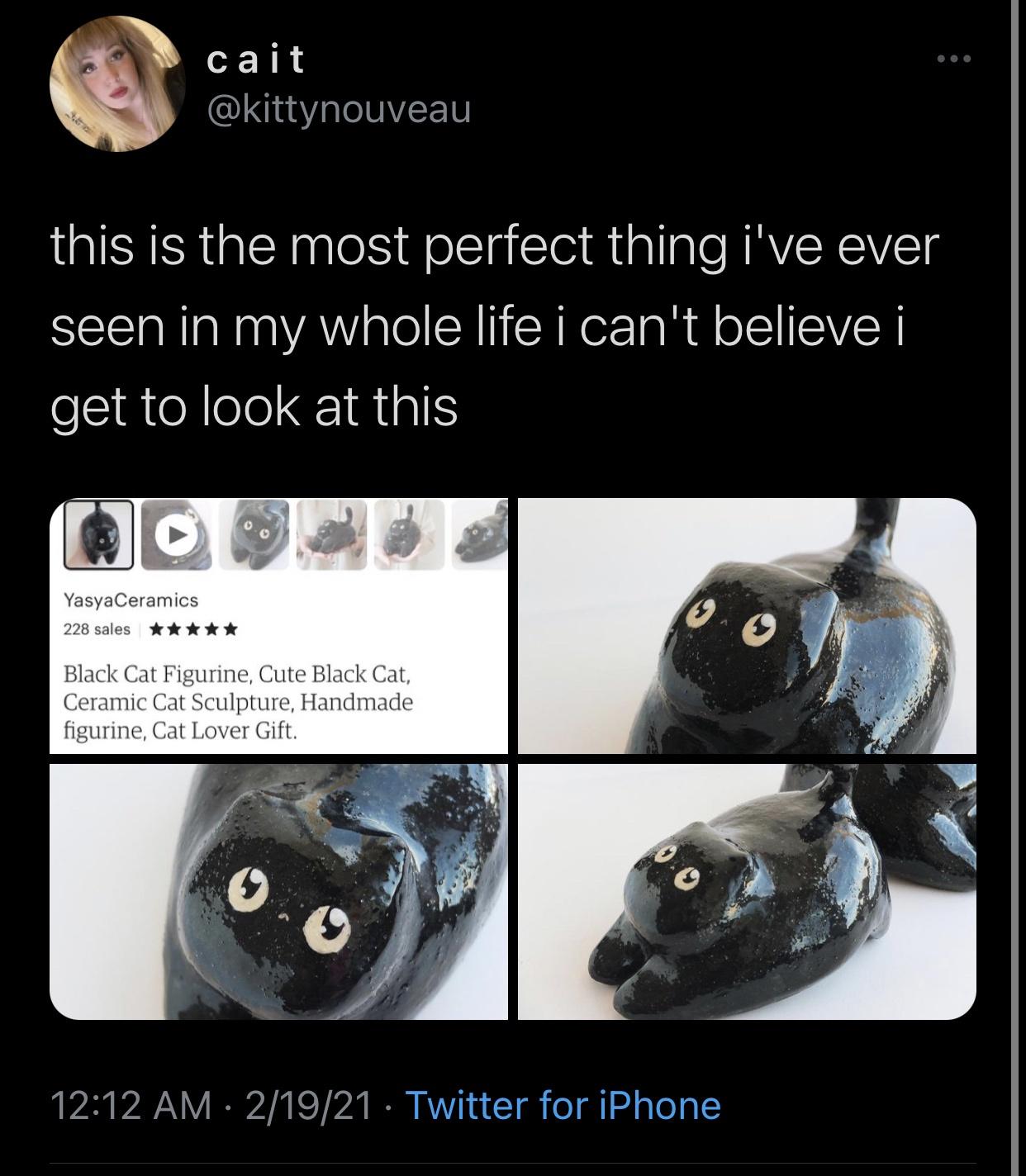 photo caption - cait this is the most perfect thing i've ever seen in my whole life i can't believe i get to look at this YasyaCeramics 228 sales ttttt Black Cat Figurine, Cute Black Cat, Ceramic Cat Sculpture, Handmade figurine, Cat Lover Gift. 21921 Twi