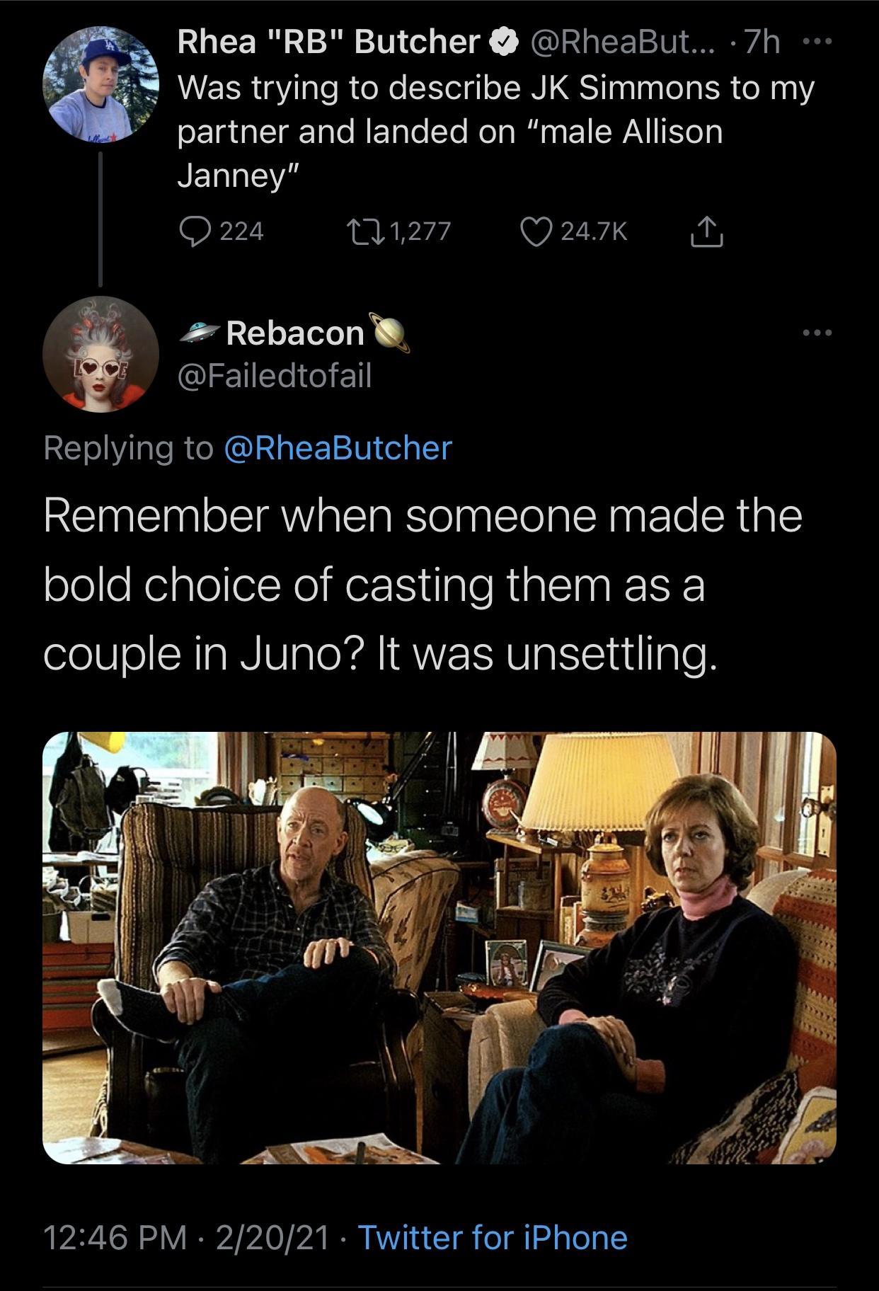 music - Rhea "Rb" Butcher ... .7h Was trying to describe Jk Simmons to my partner and landed on "male Allison Janney" 224 121,277 Rebacon Remember when someone made the bold choice of casting them as a couple in Juno? It was unsettling. 22021 Twitter for 